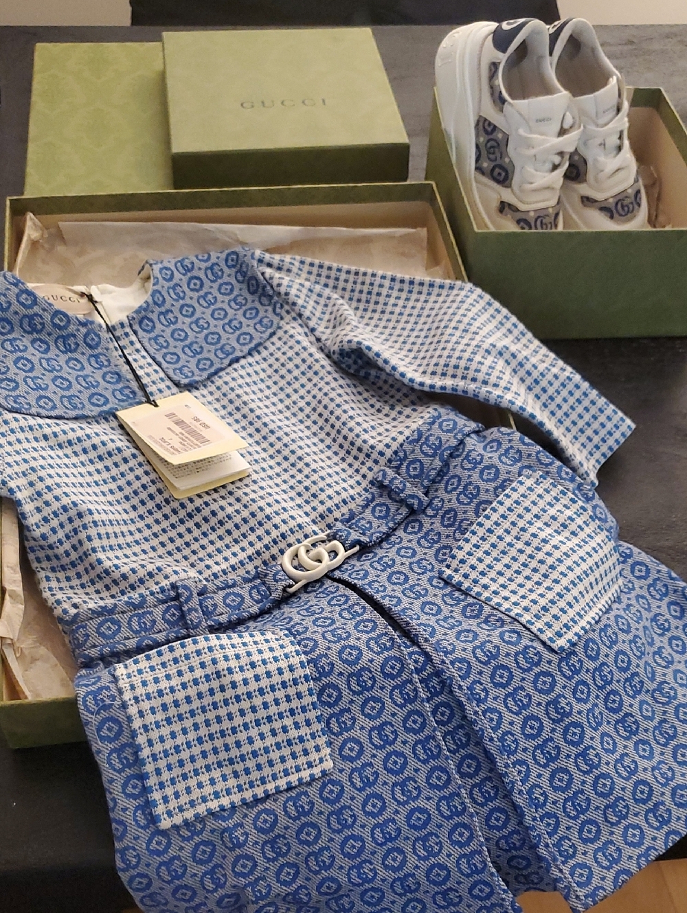 Gucci Blue & White Patterned Belted Dress with Double G Buckle. Flash $550 - Picture 1 of 11